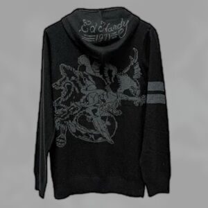 Ed Hardy NWT Unisex Black Gray Eagle Wool Angora Blend Zip Hoodie Sweater Sz XL